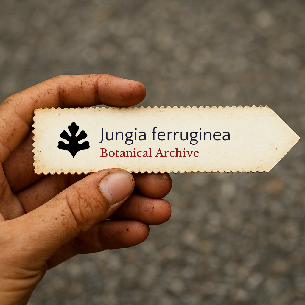 Printed plant label for Jungia ferruginea held by hand with dirt on fingers