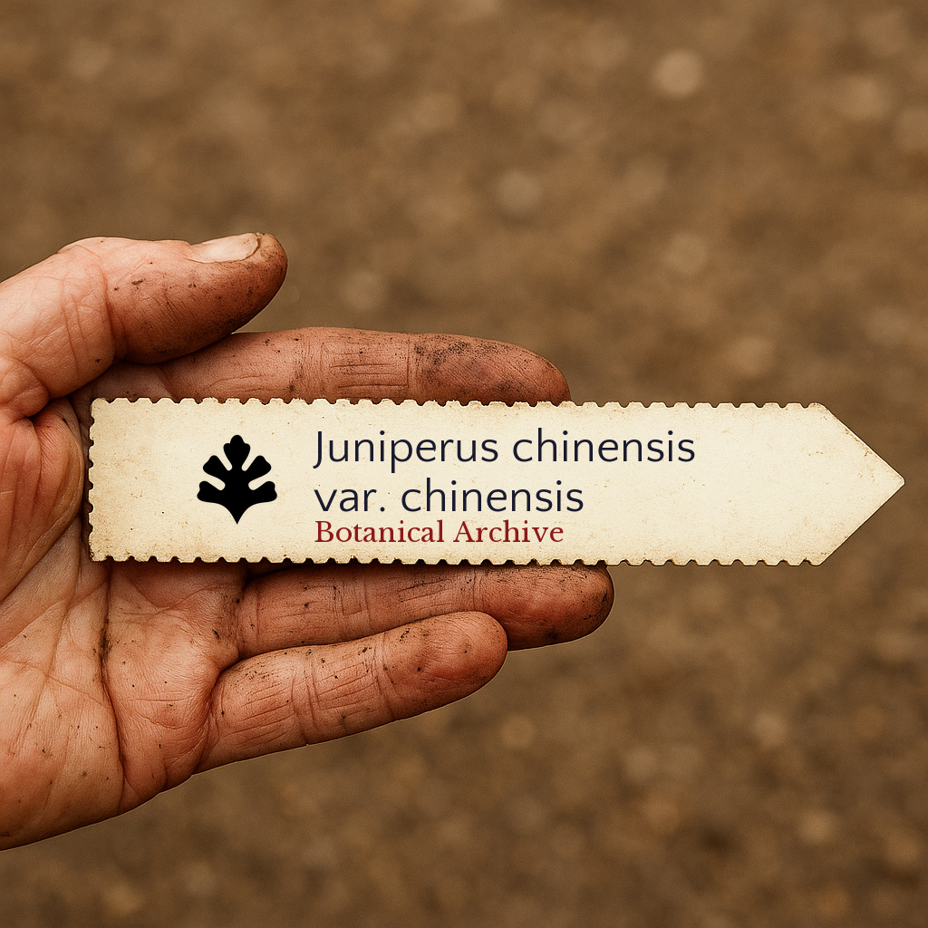 Printed plant label for Juniperus chinensis var. chinensis held in dirty hand outdoors
