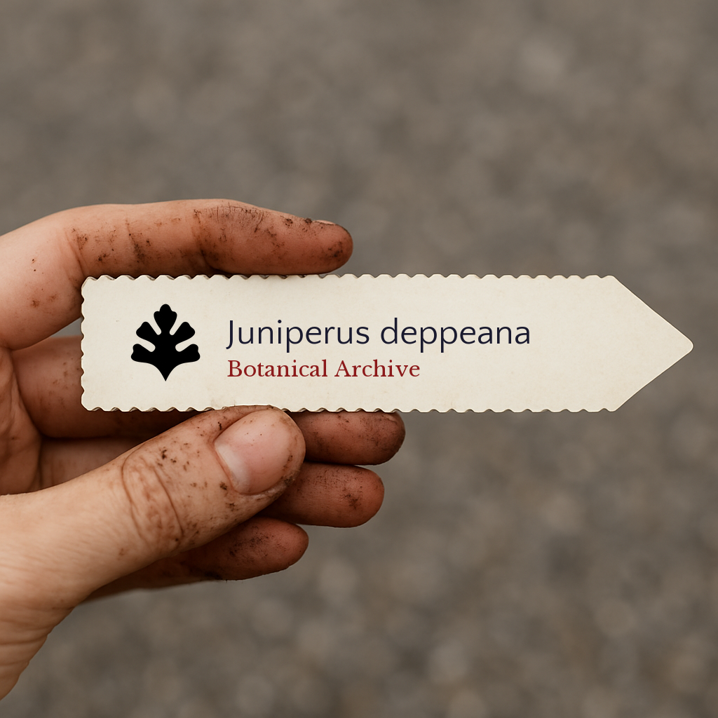 Etichetta per piante stampata per Juniperus deppeana tenuta da una mano coperta di terra