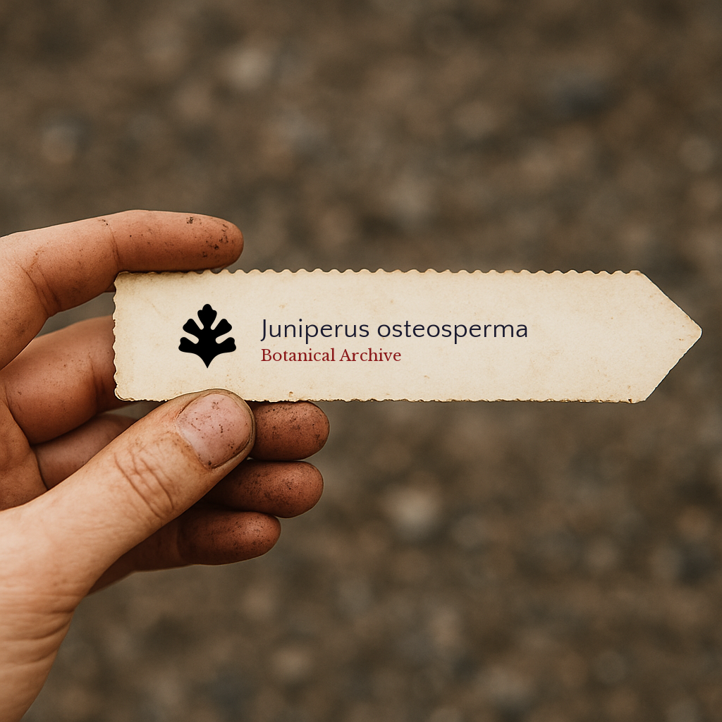 Etichetta per pianta stampata per Juniperus osteosperma tenuta a mano con sfondo di terra