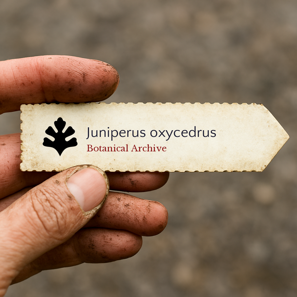 Printed plant label for Juniperus oxycedrus held by dirty hand outdoors