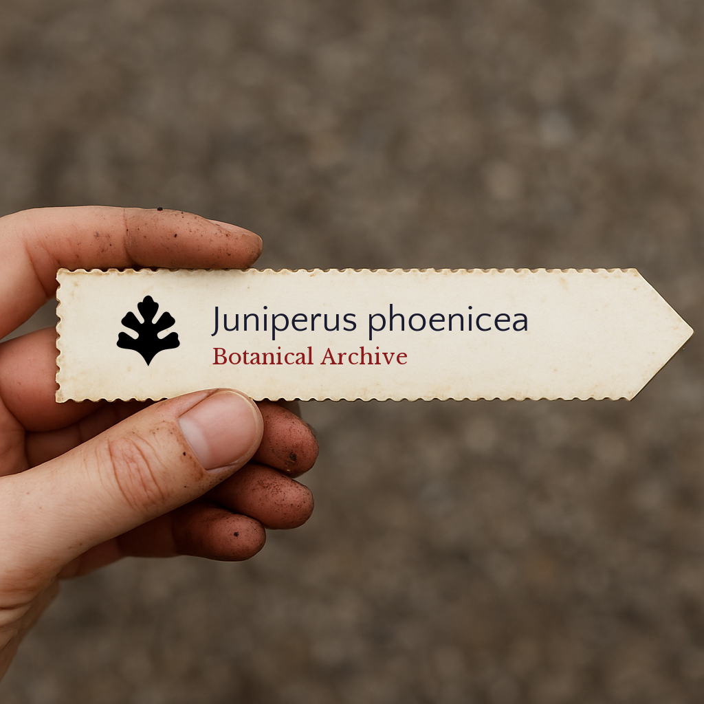 Printed plant label for Juniperus phoenicea held by hand with soil on fingers