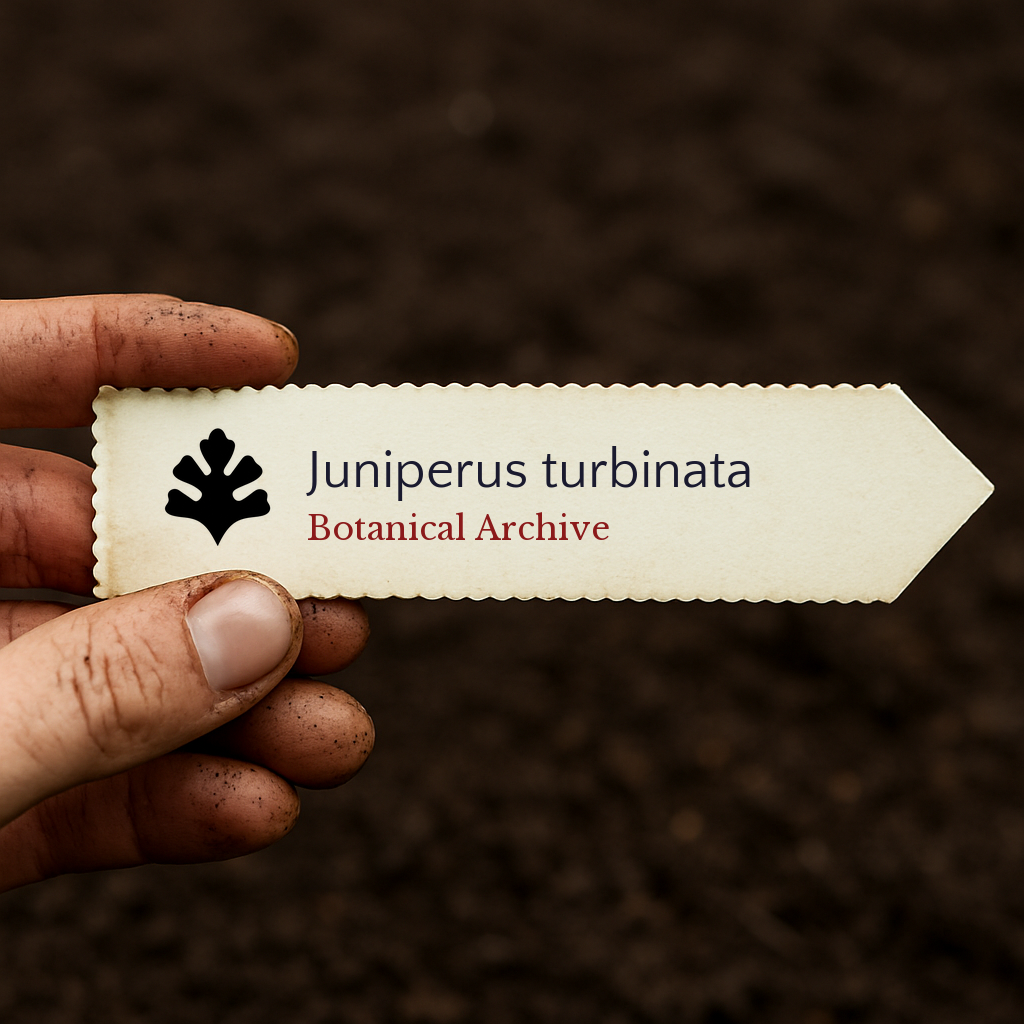 Printed plant label for Juniperus turbinata held over soil with dirty fingers