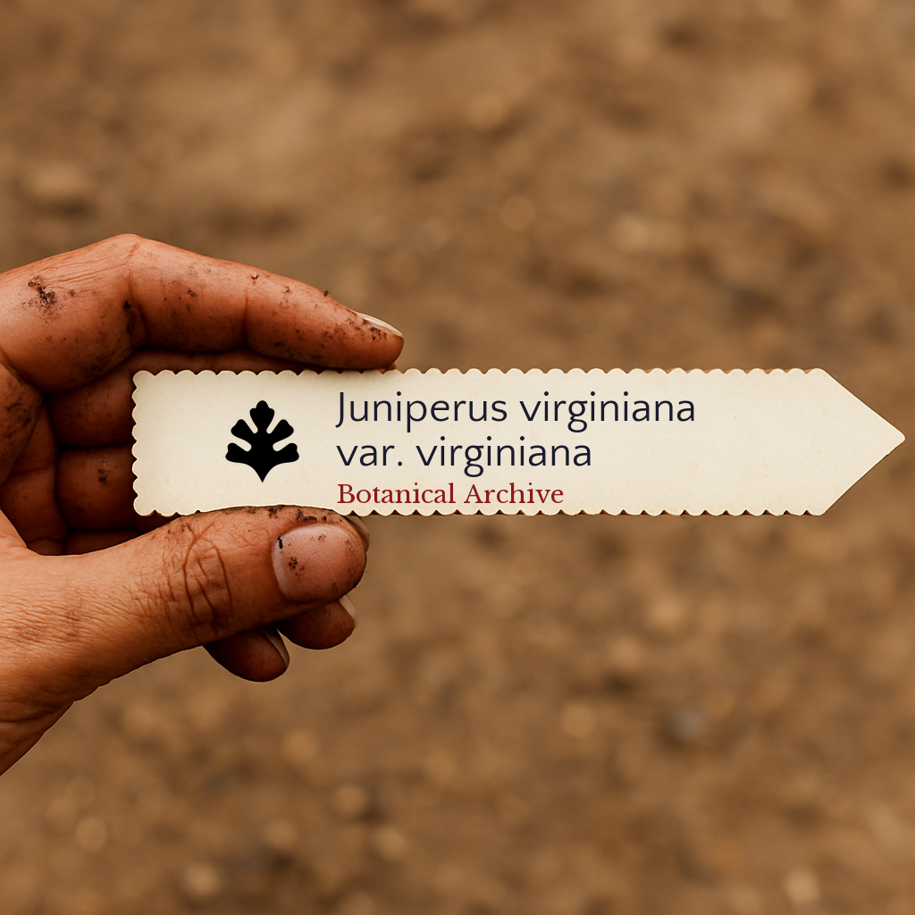 Printed plant label for Juniperus virginiana var. virginiana held by dirty hand against soil background