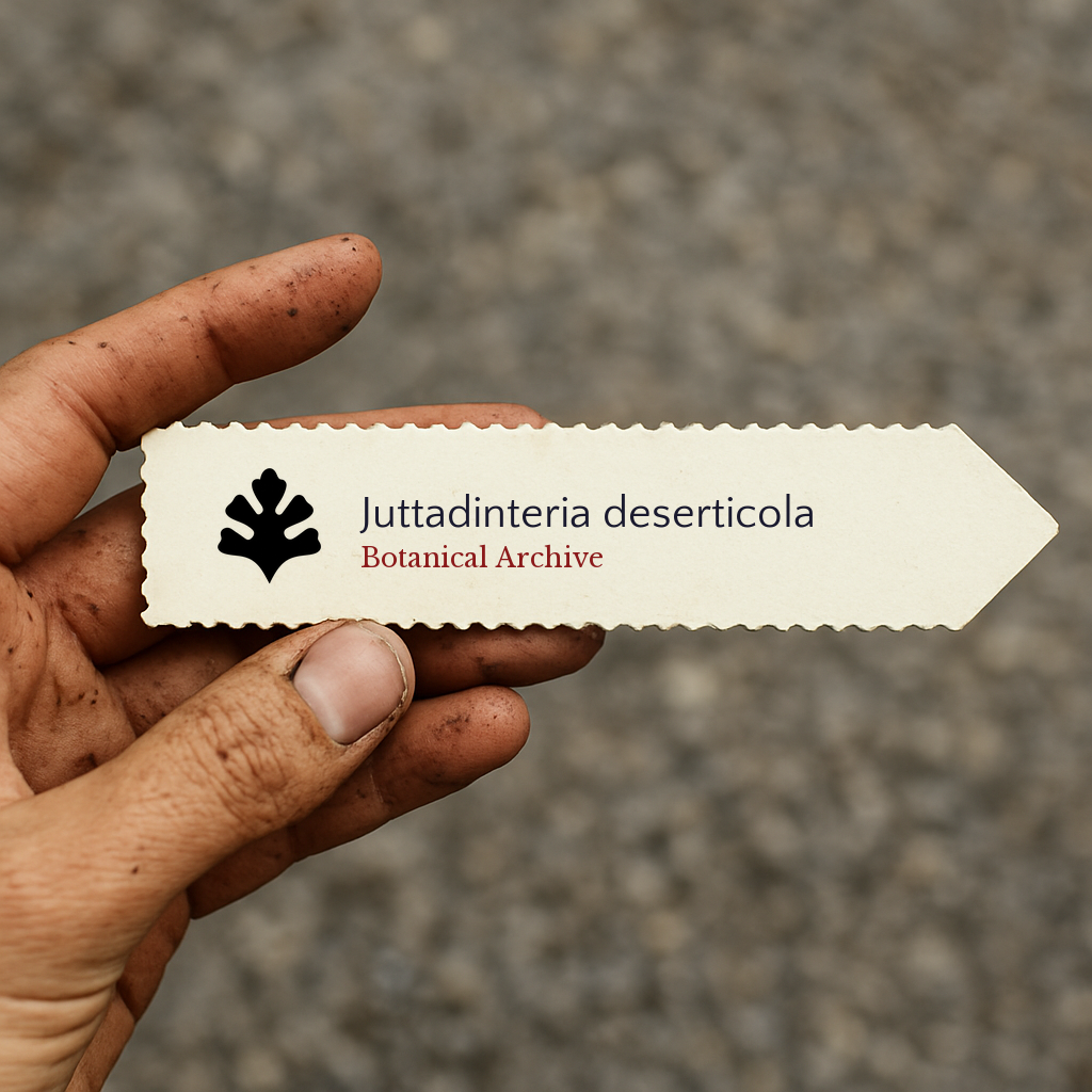 Etichetta per pianta stampata per Juttadinteria deserticola tenuta da una mano sporca all'aperto