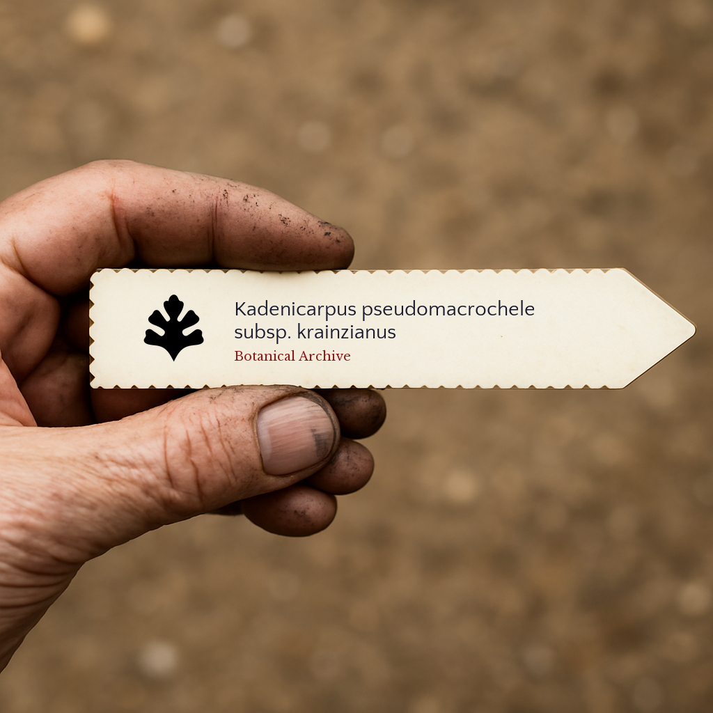 Printed plant label for Kadenicarpus pseudomacrochele subsp. krainzianus held in dirty hand