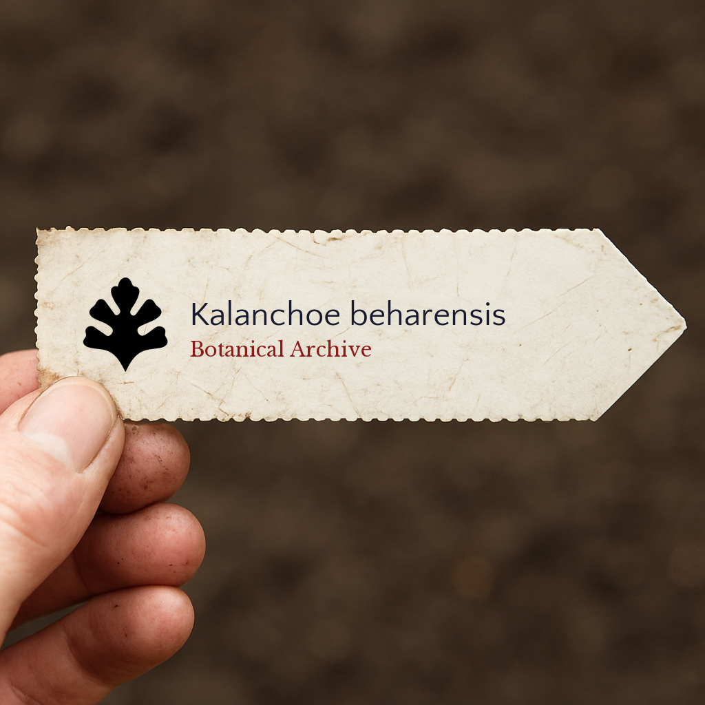Printed plant label for Kalanchoe beharensis held over soil background