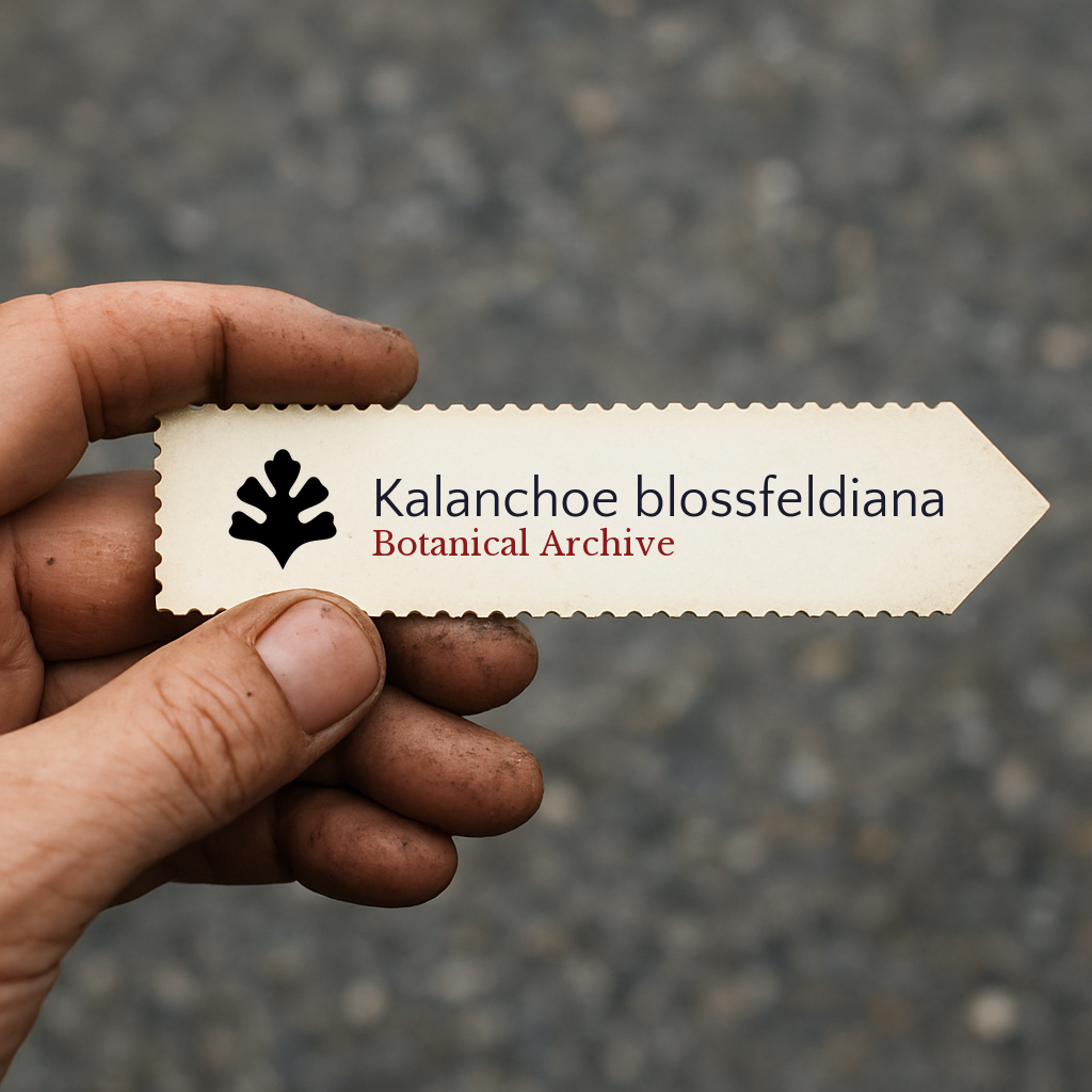 Printed plant label for Kalanchoe blossfeldiana held by hand with dirt background