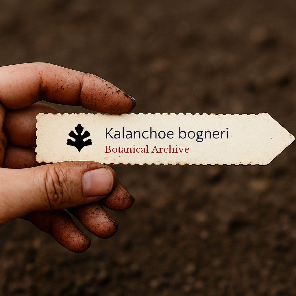 Printed plant label for Kalanchoe bogneri held by dirty hand over soil background
