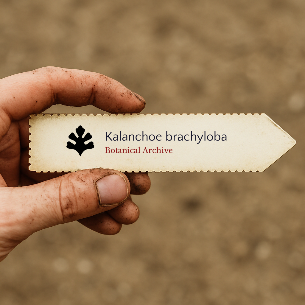Etichetta stampata per pianta di Kalanchoe brachyloba tenuta da mano sporca all'aperto