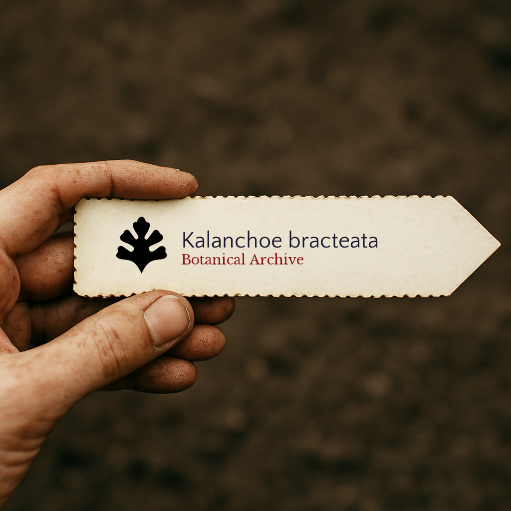 Printed plant label for Kalanchoe bracteata with botanical archive logo held by hand