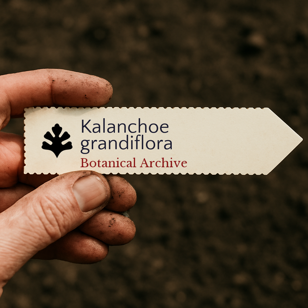 Printed plant label for Kalanchoe grandiflora held by dirty hand over soil background
