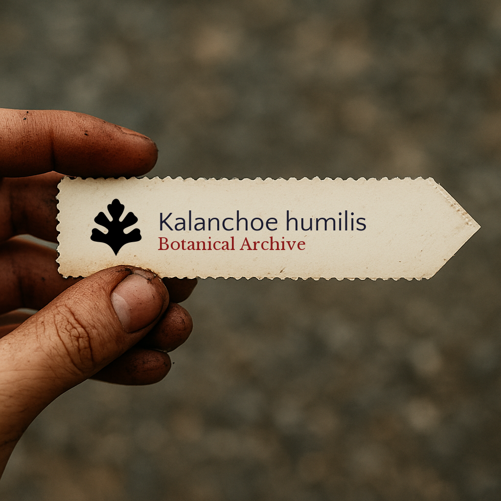 Printed plant label for Kalanchoe humilis held by hand with dirt background