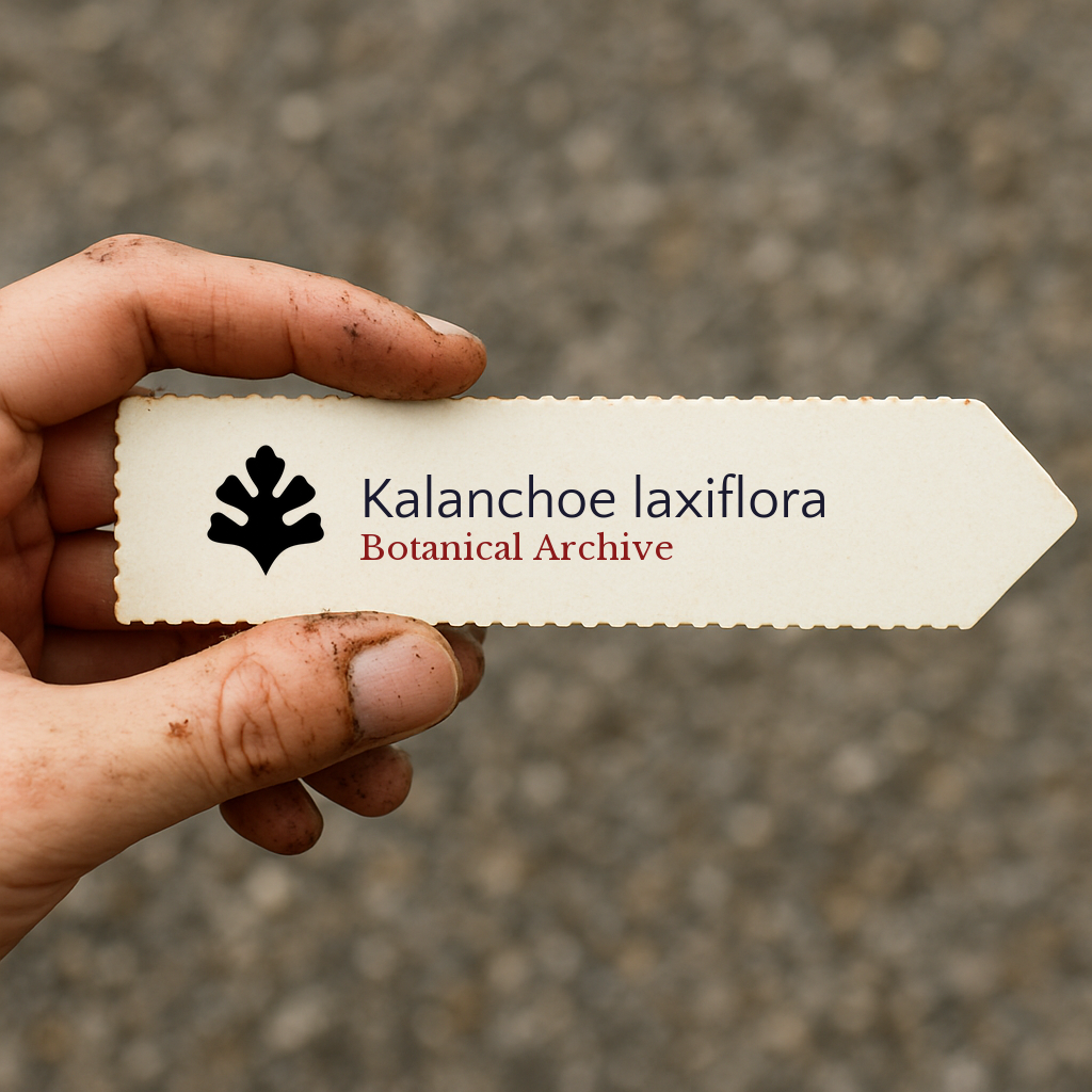Printed plant label for Kalanchoe laxiflora held by dirty hand outdoors