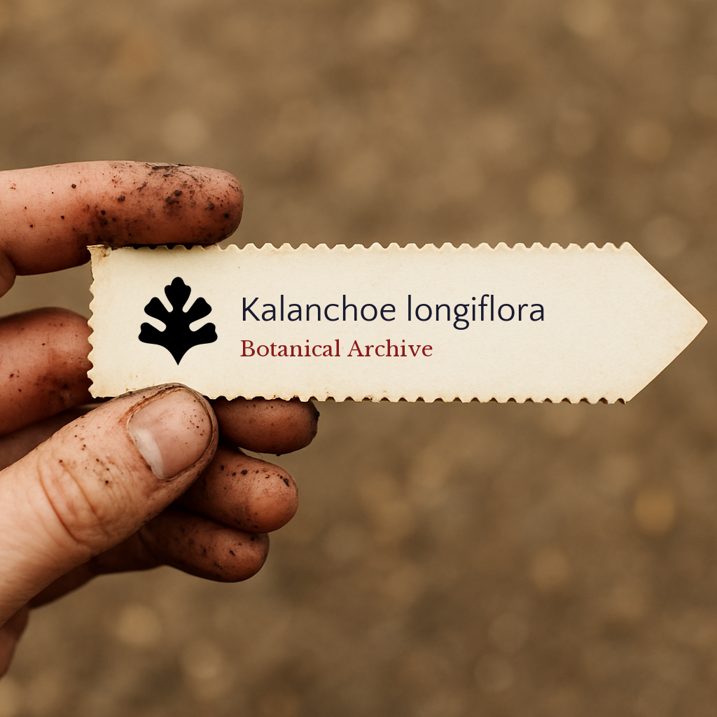 Printed plant label for Kalanchoe longiflora held by dirty hand with blurred soil background