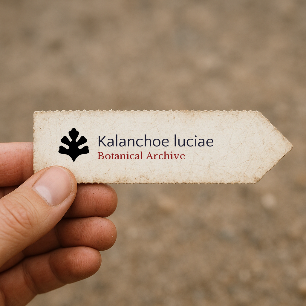 Printed plant label for Kalanchoe luciae with botanical archive logo held by hand