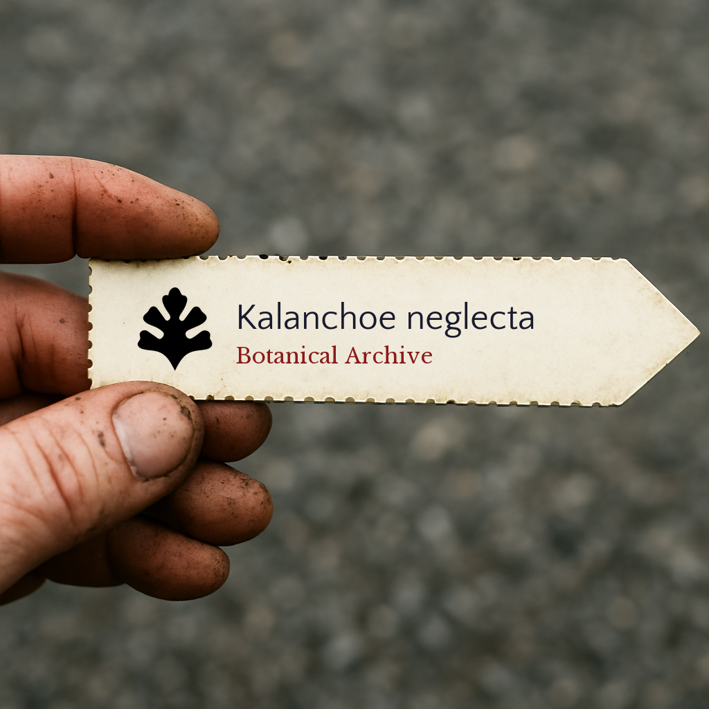 Printed plant label for Kalanchoe neglecta held by dirty hand against blurred background