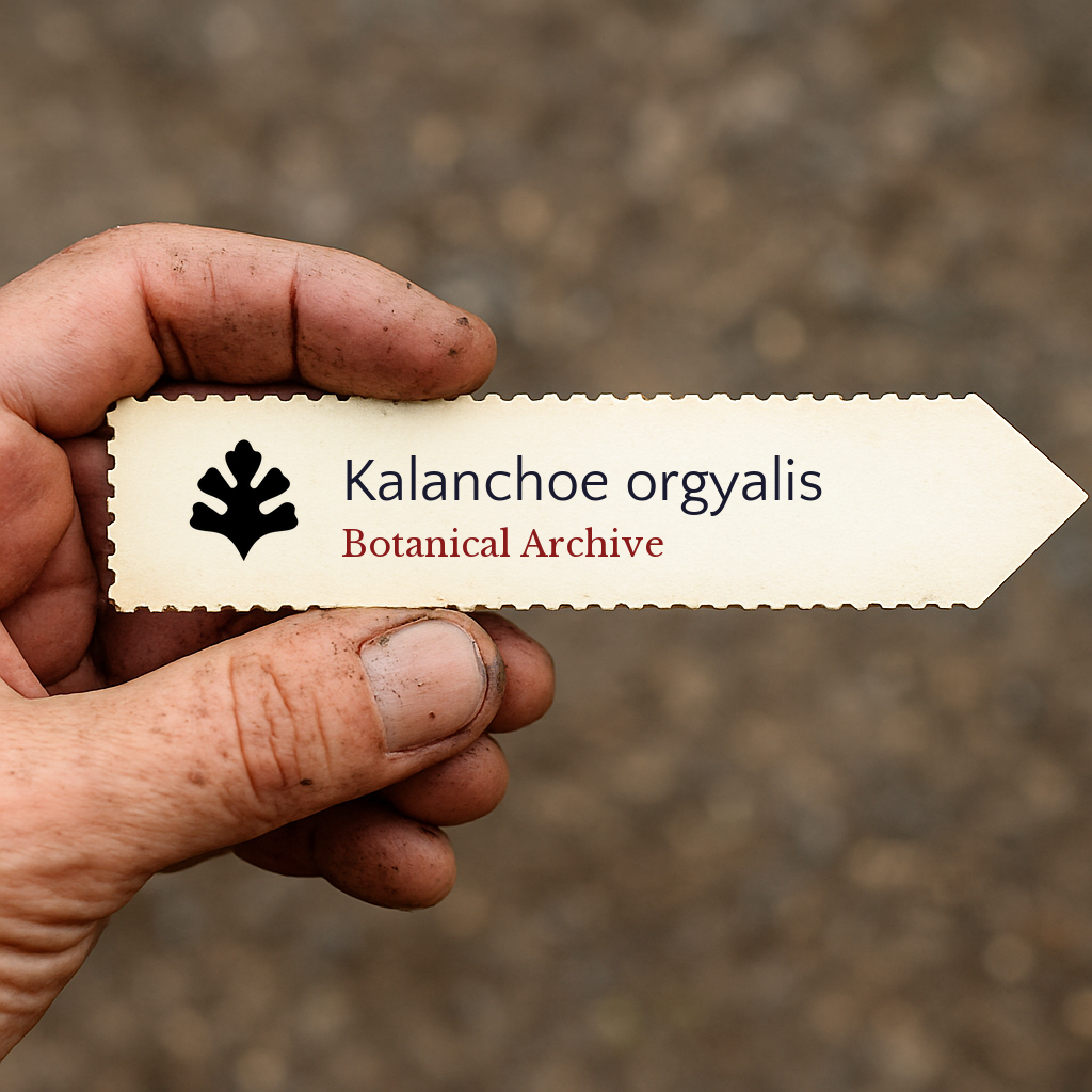 Printed plant label for Kalanchoe orgyalis held by dirty hand outdoors