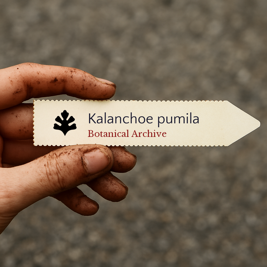 Printed plant label for Kalanchoe pumila held by dirty hand outdoors