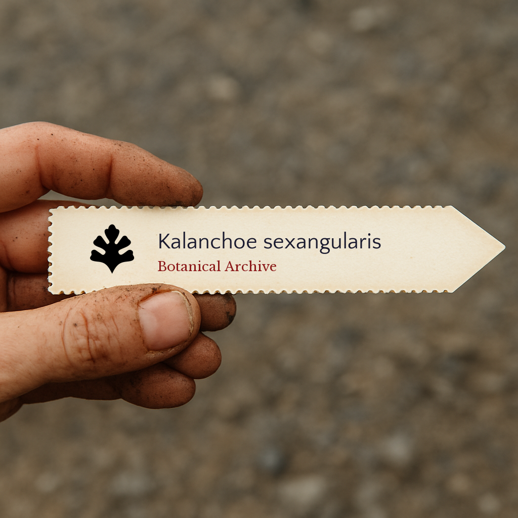 Printed plant label for Kalanchoe sexangularis held by dirty hand outdoors