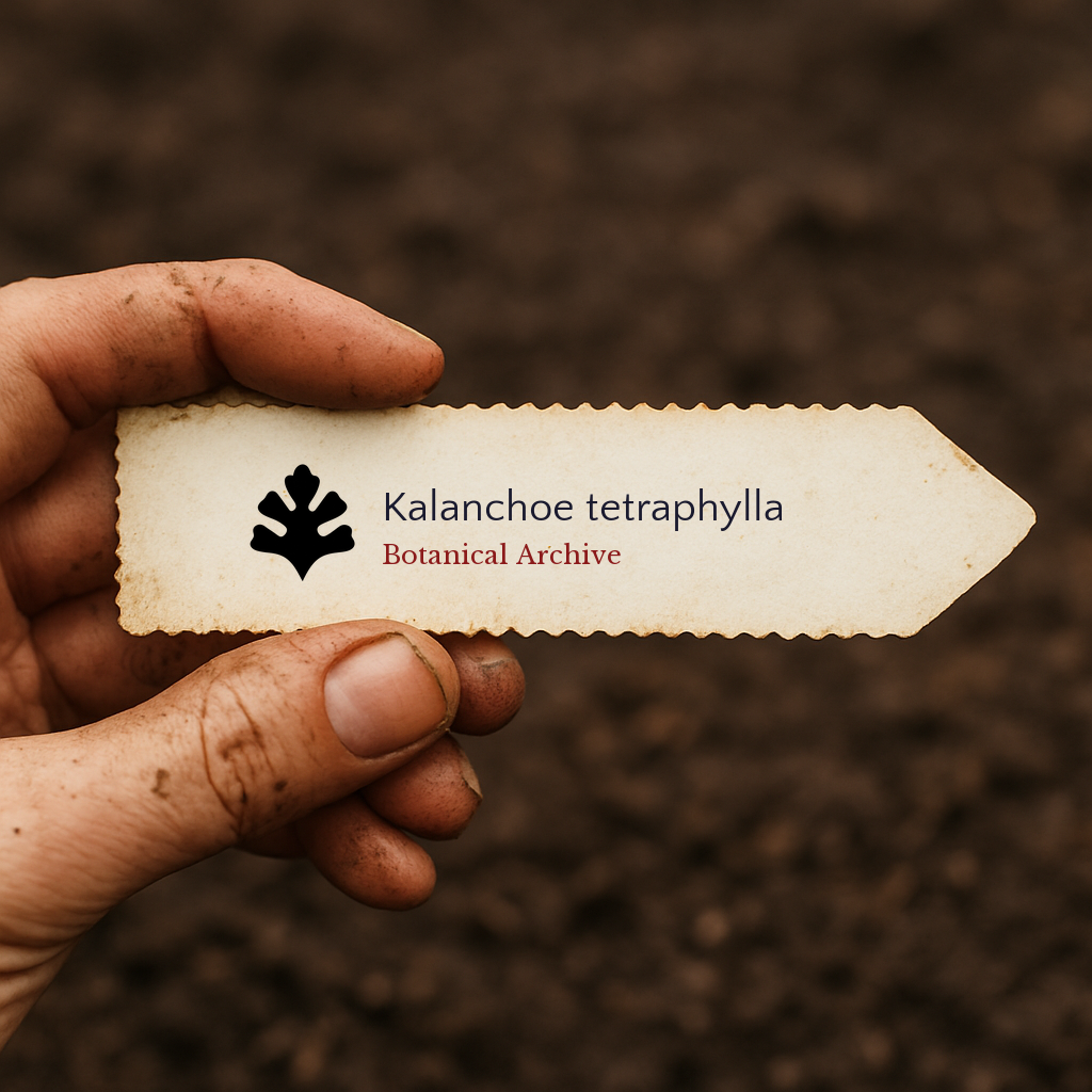 Printed plant label for Kalanchoe tetraphylla held over soil background