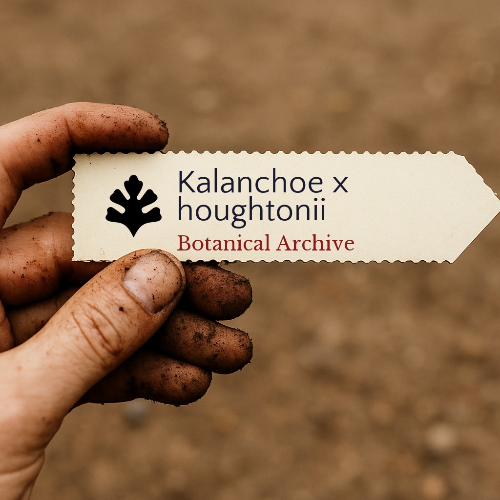 Etichetta per piante stampata per Kalanchoe x houghtonii tenuta da una mano sporca su sfondo di terreno