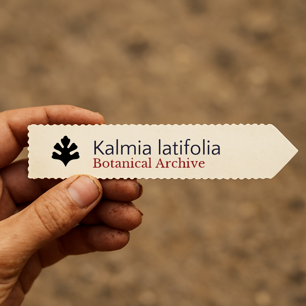 Etichetta per piante stampata per Kalmia latifolia con il logo Botanical Archive tenuta a mano