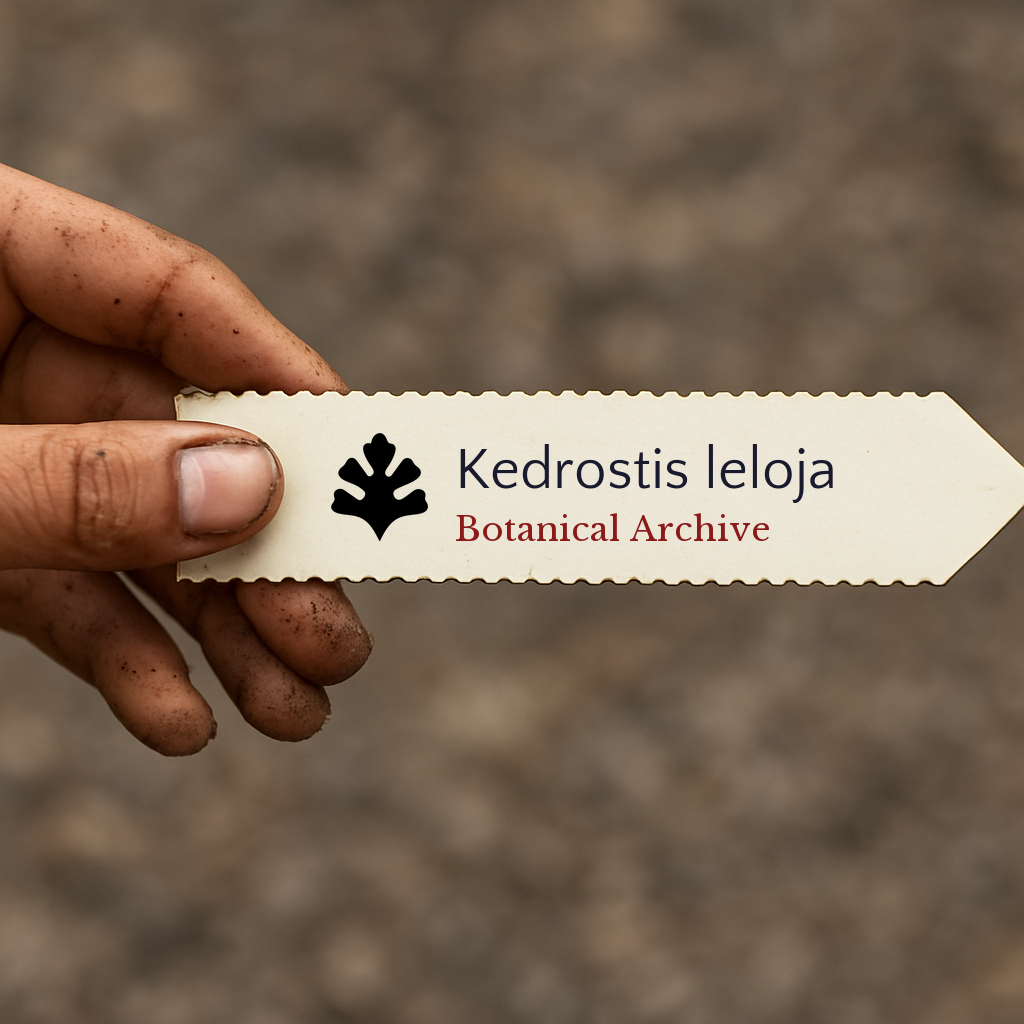 Printed plant label for Kedrostis leloja held by a hand with soil-stained fingers