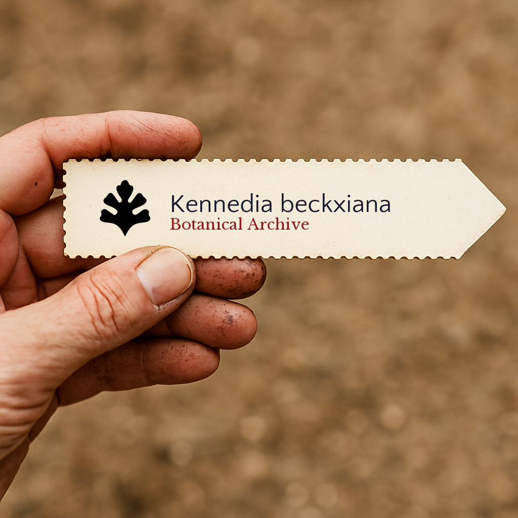 Etichetta per pianta stampata per Kennedia beckxiana tenuta da mano sporca contro sfondo di terreno
