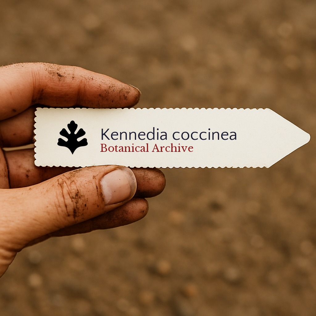 Etichetta per pianta stampata di Kennedia coccinea tenuta da mano sporca su sfondo di terra