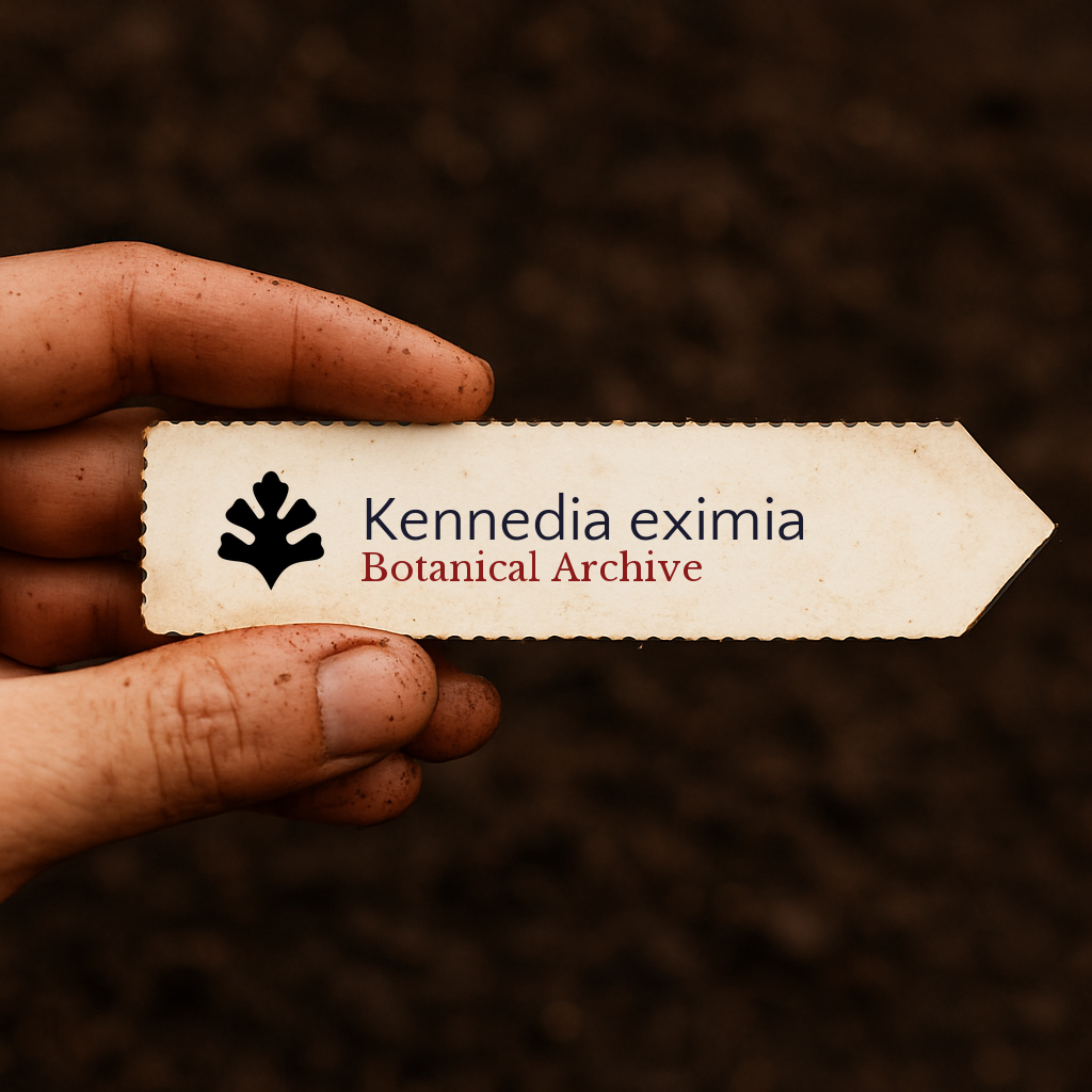 Etichetta per pianta stampata di Kennedia eximia tenuta in mano su sfondo di terreno
