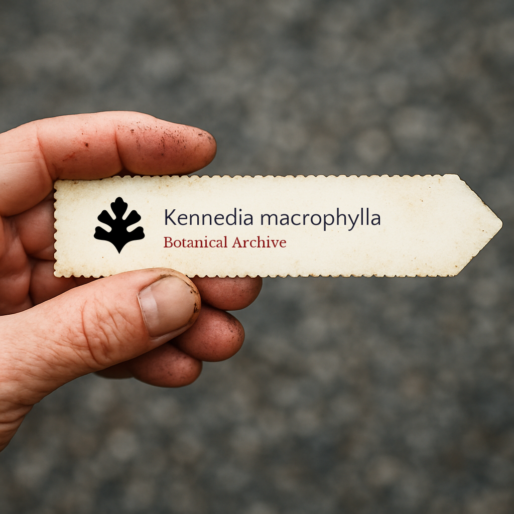 Printed plant label for Kennedia macrophylla held by hand with dirt on fingers