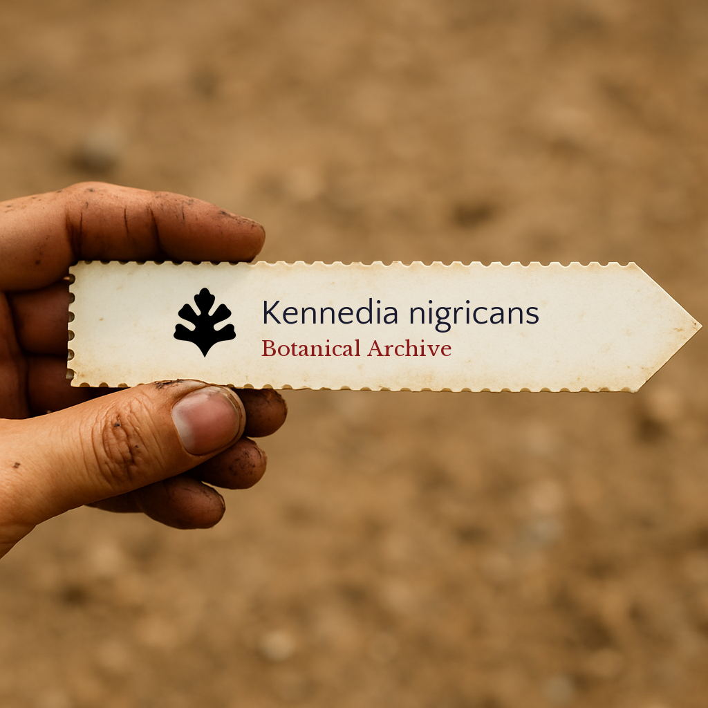Etichetta vegetale stampata per Kennedia nigricans tenuta a mano con sfondo di terra