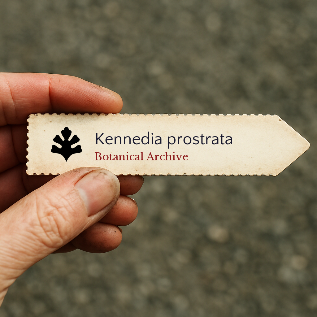Printed plant label for Kennedia prostrata held by hand with botanical archive logo