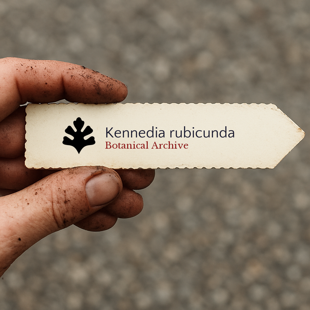 Printed plant label for Kennedia rubicunda with botanical archive logo held by dirty hand