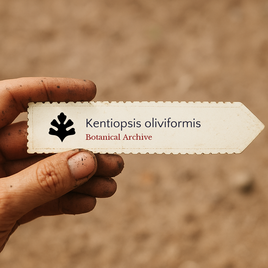 Etichetta per pianta stampata per Kentiopsis oliviformis tenuta da una mano sporca di terra