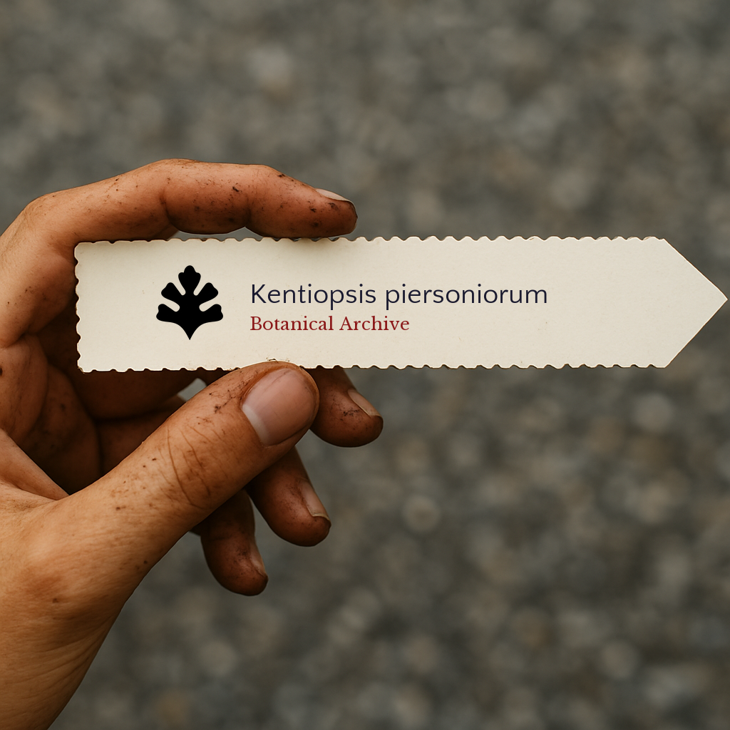 Printed plant label for Kentiopsis piersoniorum held by a dirt-covered hand