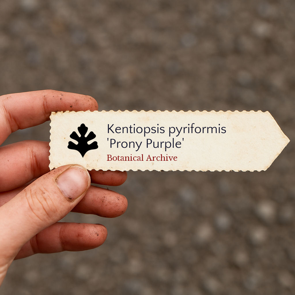 Etichetta per pianta stampata per Kentiopsis pyriformis 'Prony Purple' tenuta in mano con sfondo di terra