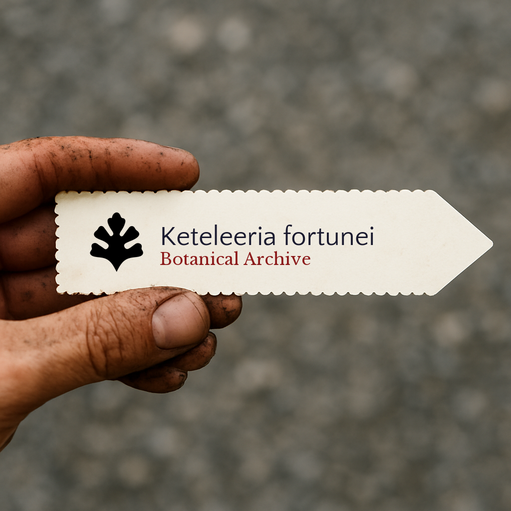 Etichetta per pianta stampata per Keteleeria fortunei tenuta da mano sporca all'aperto
