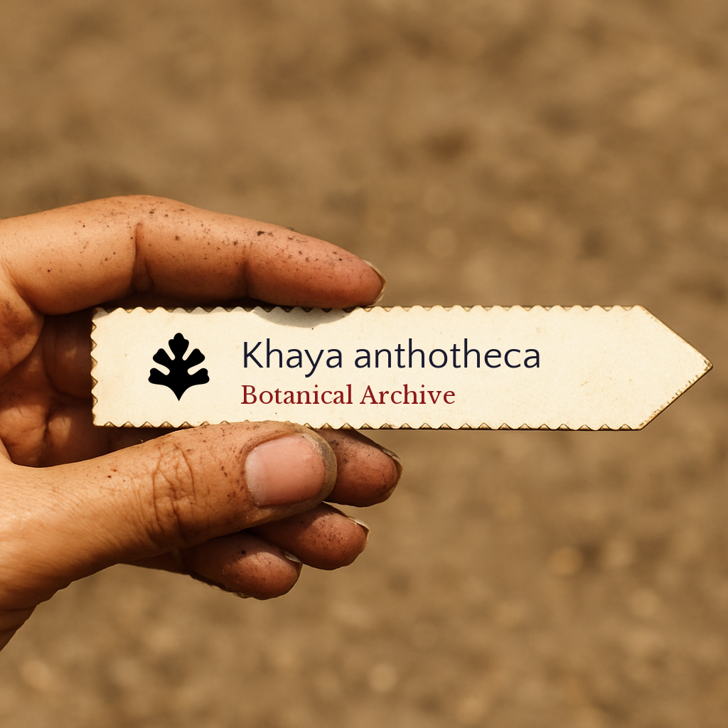 Printed plant label for Khaya anthotheca held by dirty hand over soil background