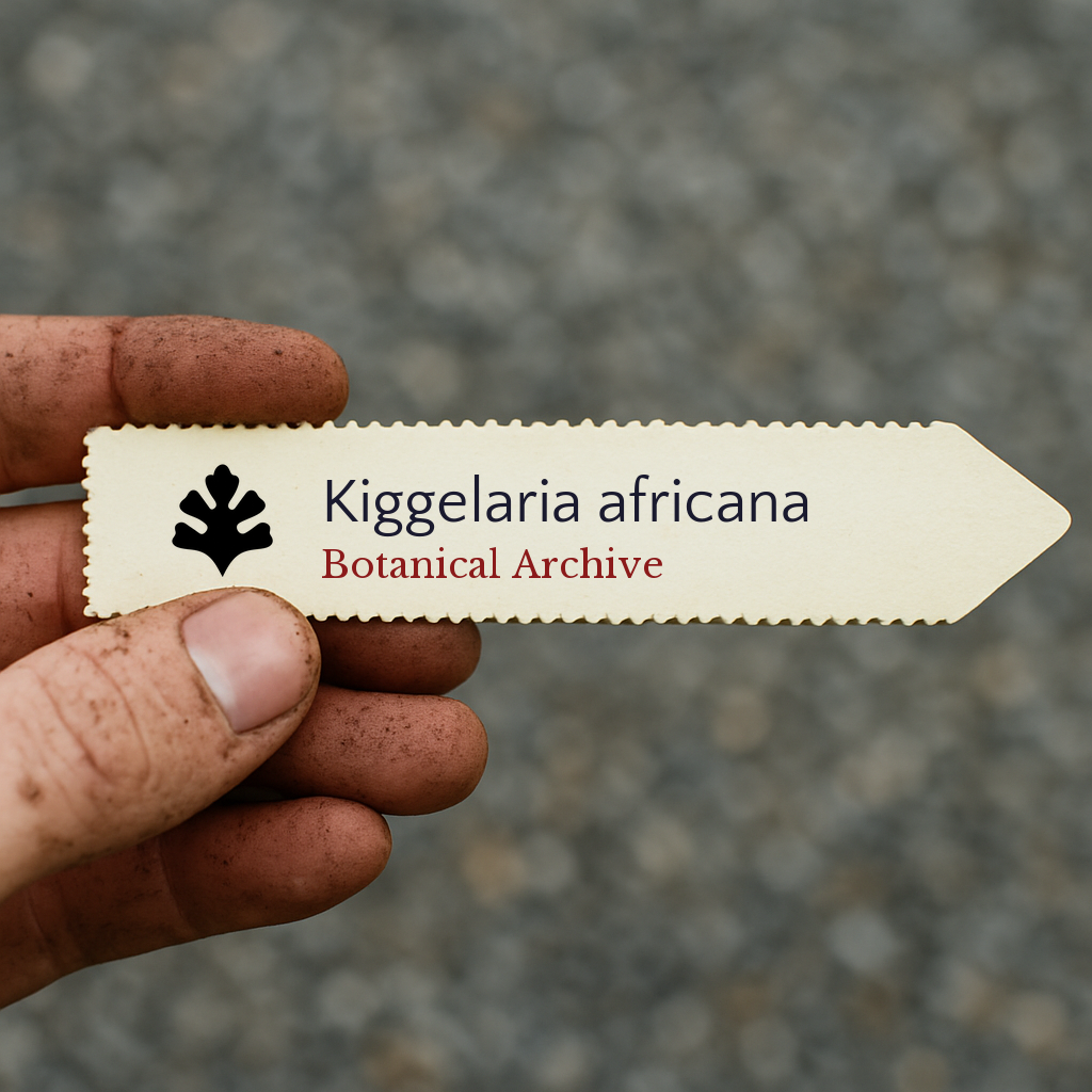 Printed plant label for Kiggelaria africana held by hand with dirt background