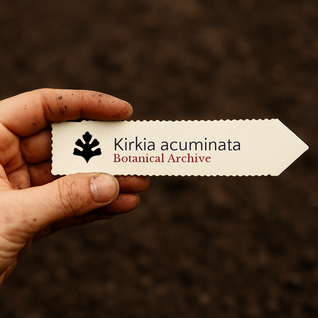 Etichetta della pianta stampata per Kirkia acuminata tenuta da una mano sporca su sfondo di terreno