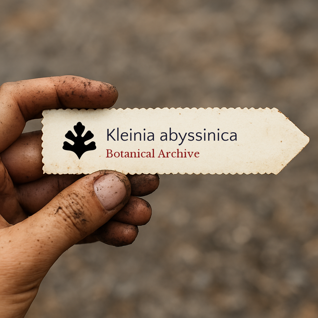 Printed plant label for Kleinia abyssinica held by dirty hand with blurred background