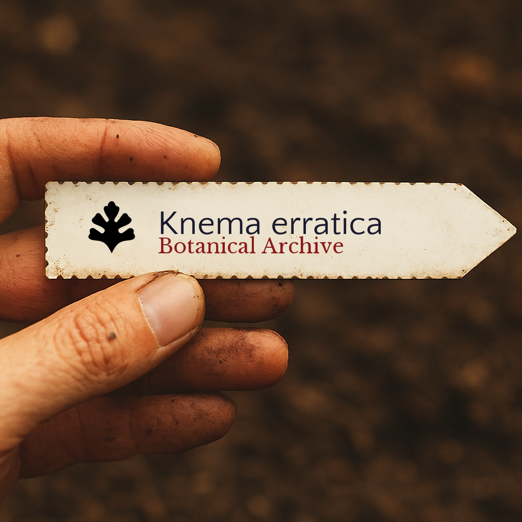 Etichetta per pianta stampata di Knema erratica tenuta in mano su sfondo di terreno