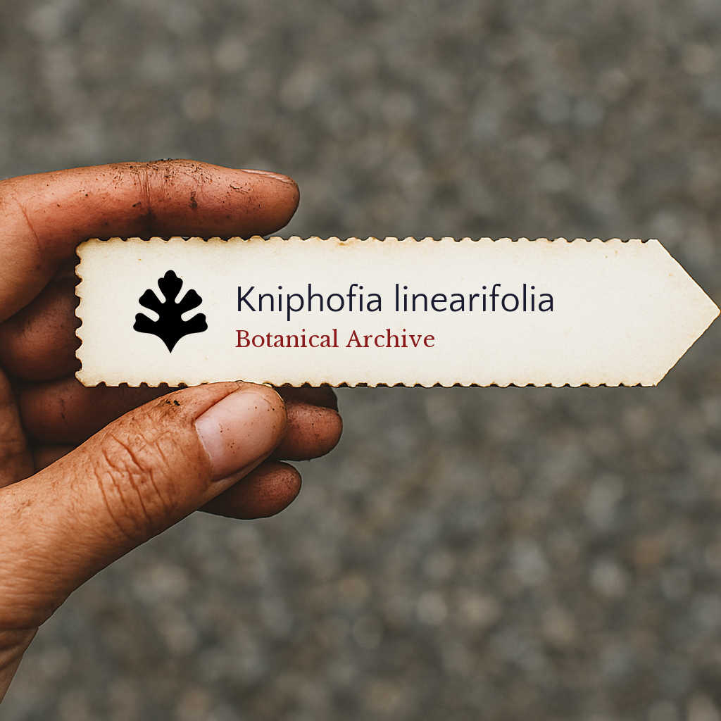 Printed plant label for Kniphofia linearifolia held by hand with dirt background