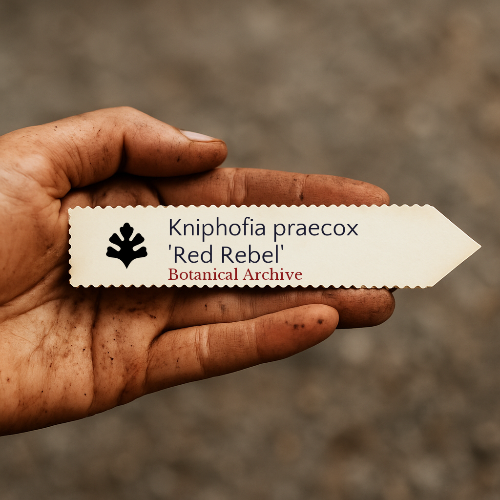 Printed plant label for Kniphofia praecox 'Red Rebel' held in dirty hand