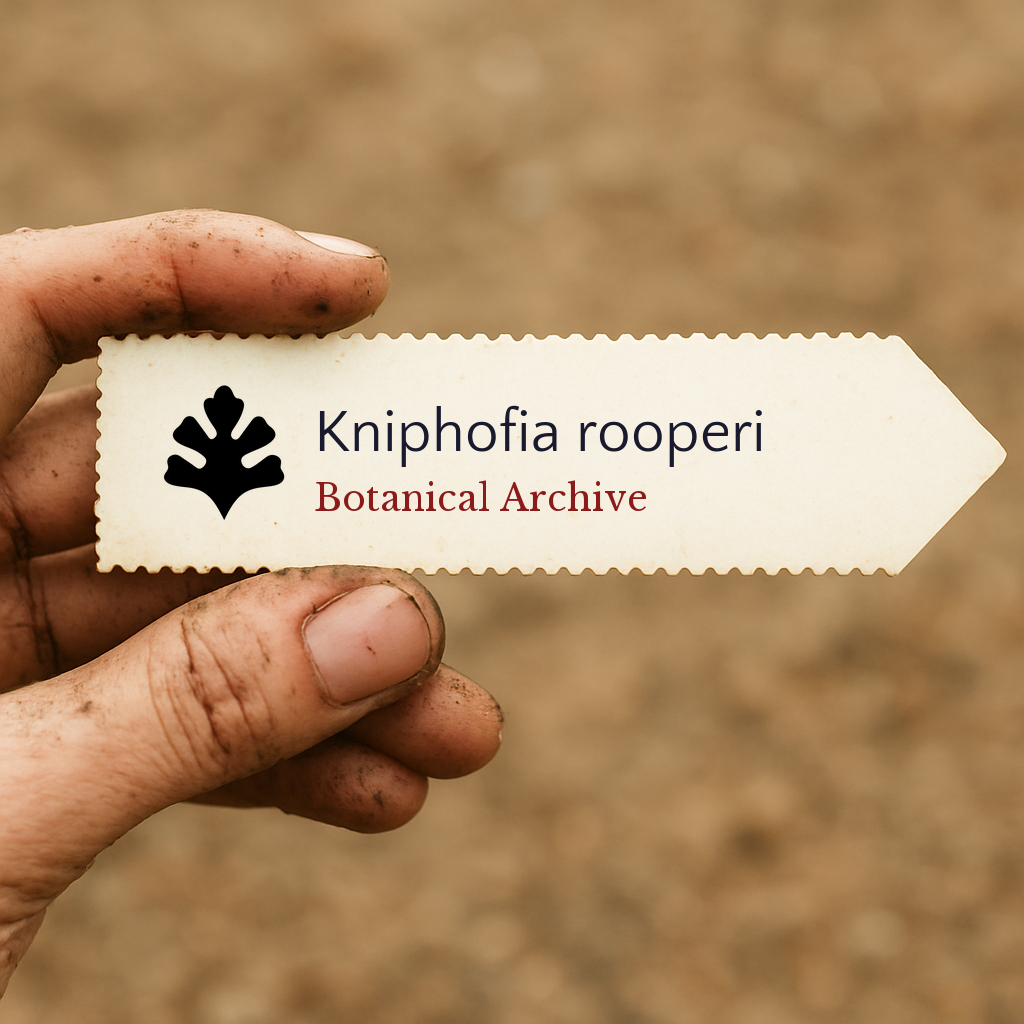 Etichetta per pianta stampata di Kniphofia rooperi con logo Botanical Archive tenuta da mano sporca