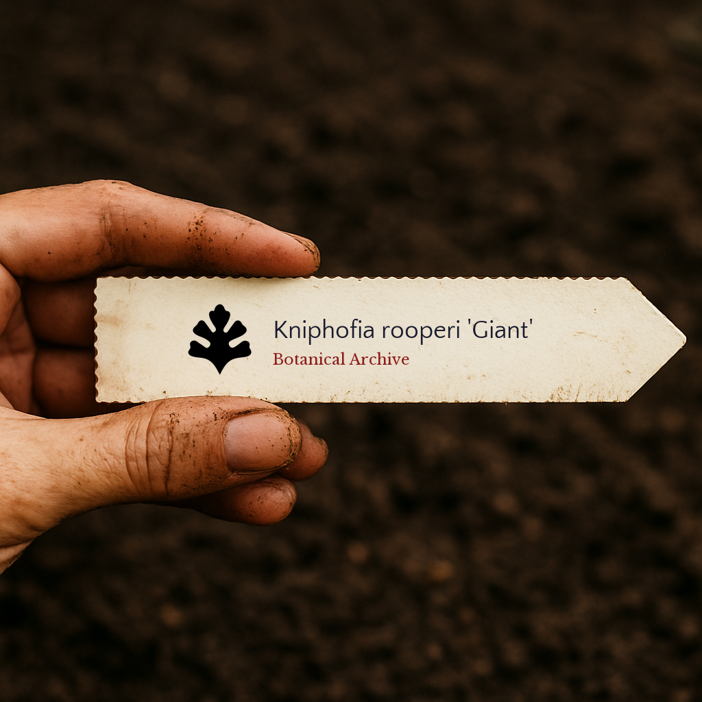 Printed plant label for Kniphofia rooperi 'Giant' held over soil background