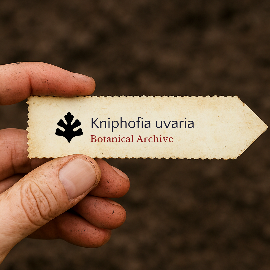 Printed plant label for Kniphofia uvaria held by dirty hand against soil background