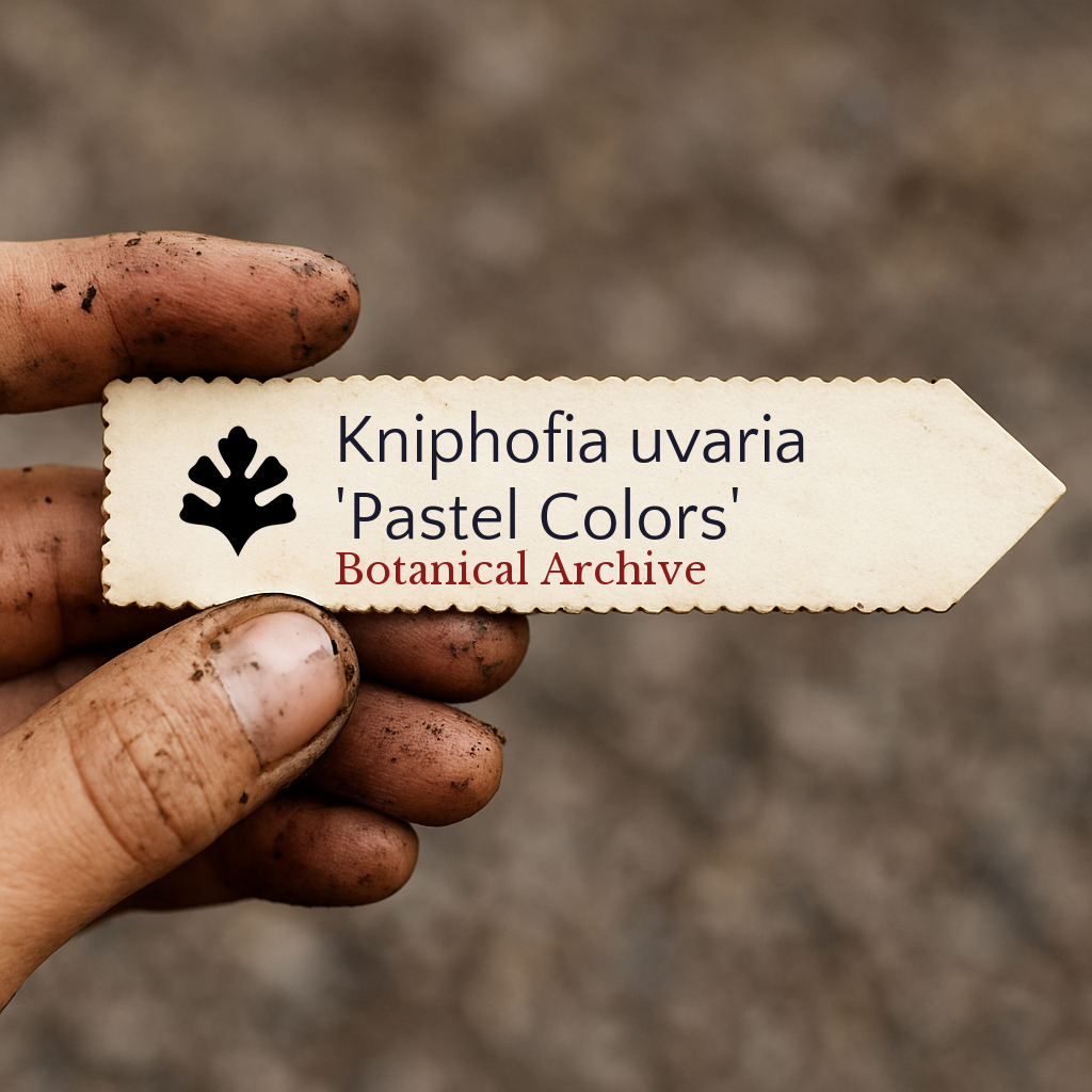 Etichetta stampata per pianta di Kniphofia uvaria 'Pastel Colors' tenuta da mano sporca all'aperto